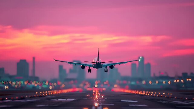 airplane taking off during sunset with city skyline in the background.