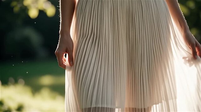 Close-up of a young woman's hands gently holding a flowing, pleated white dress in a sunlit outdoor setting