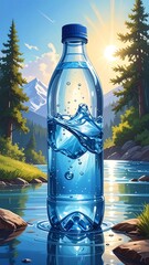 Clear plastic bottle with water, sitting in a blue river reflecting a mountain backdrop and sunny sky