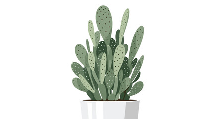 Large green prickly pear cactus with many pads growing in a simple white pot against a plain white background.