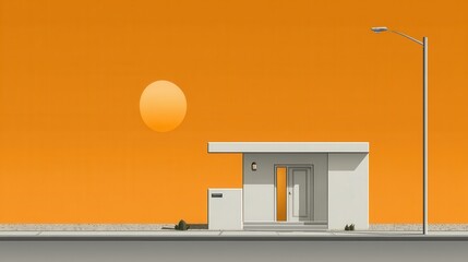 Modern House with Orange Sky and Sun