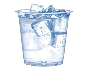 Clear plastic cup filled with water and several ice cubes, isolated on white