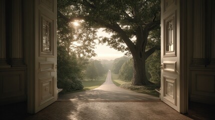 Open Doors to Tree-Lined Driveway