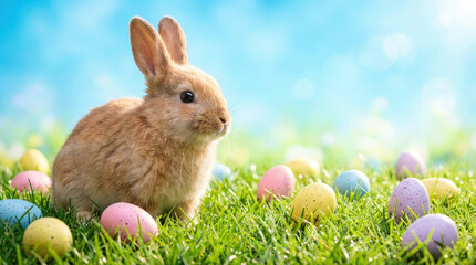 A fluffy bunny rabbit sits amongst colorful easter eggs scattered on a patch of green grass beneath a light blue sky