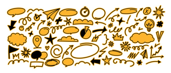 Vector hand drawn doodles, sketches, icons and illustrations, for presentations, banners, business presentation design elements