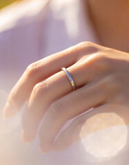 Macro Close-Up of Hand Wearing Simple Ring with Soft Fog Background, Dreamy Cinematic Look for Emotional Lifestyle Storytelling, Luxury Jewelry Branding, Minimal Aesthetic, and Artistic Visuals