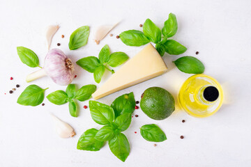 Ingredients for pesto sauce on the white table. Cooking Italian sauce with basil. Top view