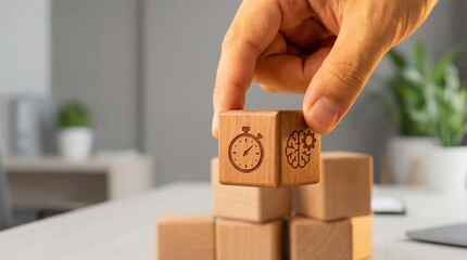Hand stacking wooden blocks with stopwatch and brain icons, symbolizing time management and intelligence in business or productivity