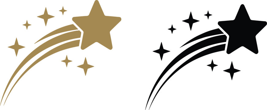 Golden and black shooting star vector icon set with sparkling trails for magic wish and astronomical celebration concept