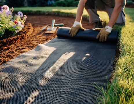 Man unrolling black geotextile fabric on garden ground for landscaping project in sunlight, concept for DIY, outdoor work and home renovation