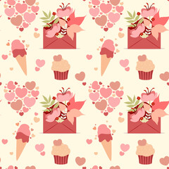 A seamless pattern with heart-shaped sweets and flowers. Vector.