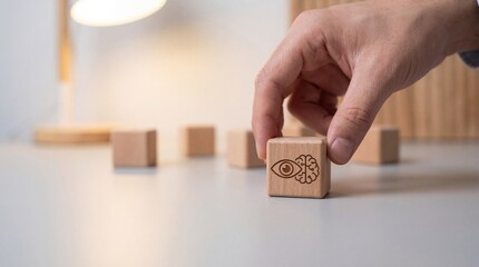Adult mans hand placing wooden block with eye and brain icon, symbolizing vision and intelligence, on desk with blurred background Concept of insight, learning, and decisionmaking