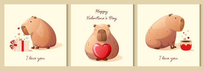 A set of posters with cute capibaras for Valentine's Day. Vector.
