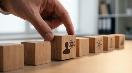 Hand placing wooden cube with AI human icon, symbolizing artificial intelligence integration in business and technology