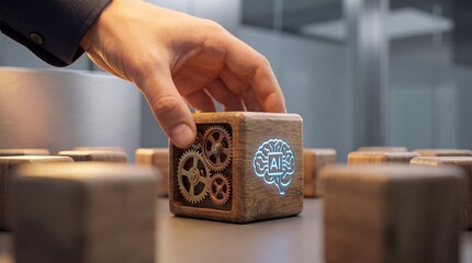Mans hand placing a wooden cube with AI brain and gears, symbolizing artificial intelligence and innovation in technology