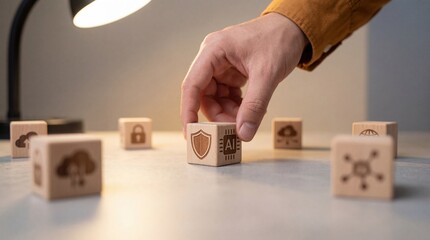 Adult hand placing AI and security shield cube among cloud and network blocks, representing digital security and artificial intelligence strategy