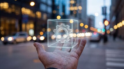 Adult mans hand holding a glowing 3D gear in a transparent cube against a blurred city street at dusk, symbolizing innovation and technology