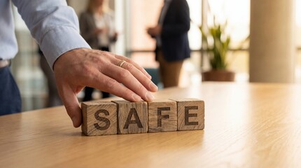 Adult mans hand placing wooden blocks spelling SAFE on a table in a modern office, symbolizing security and trust