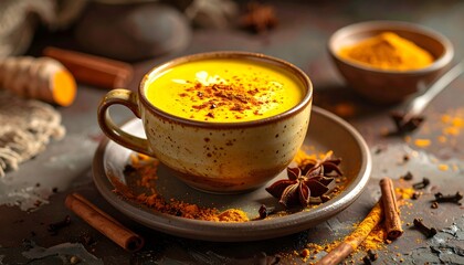 Turmeric Latte in Ceramic Cup with Spices.
