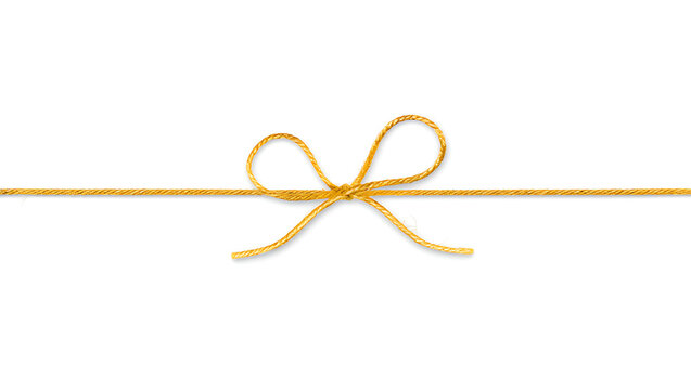 Minimalist Gold Gift Bow: Minimalist gold bow tied in a thin string on a white background, perfect for gift branding.