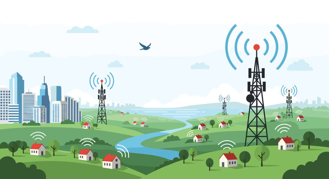 Digital landscape illustration showing cellular towers transmitting wireless signals to rural houses with a city skyline.