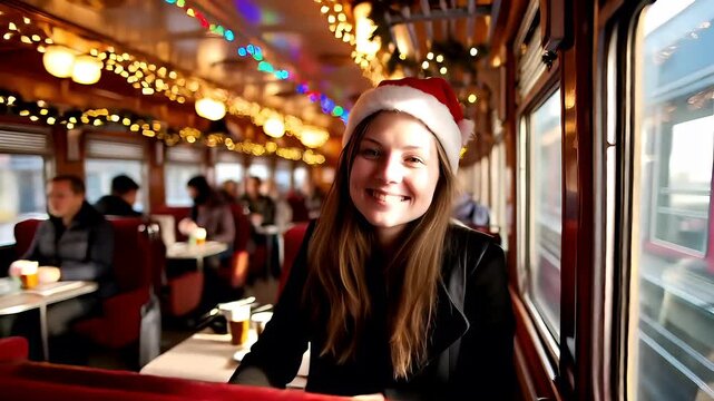 A woman in a Santa hat sits inside a train carriage adorned with Christmas lights.
