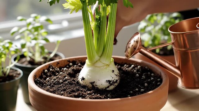 A close-up shot captures hands gently pressing fresh soil around the base of a vibrant green plant being potted in a terracotta container. The scene evokes a sense of home gardening, sustainable livin