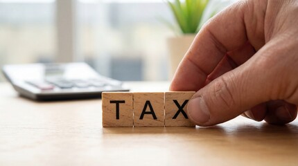 Adult hand arranging wooden blocks spelling TAX next to calculator and plant, representing financial planning and accounting