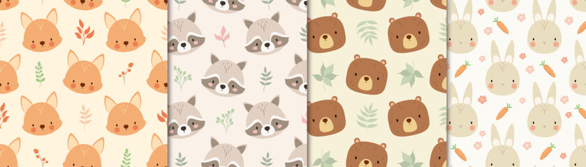 A set of seamless patterns with cute forest animals. Flat design. Vector.

