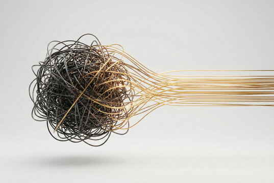 
Surreal 3D art: a tangled tangle of dark wires smoothly unravels into straight, glowing golden lines. A symbol of mental clarity and problem solving.