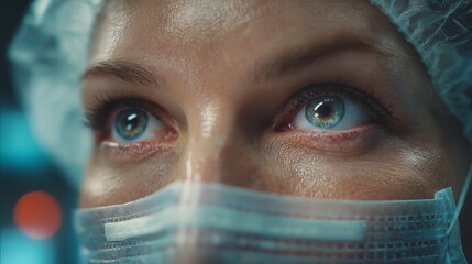 Close-up of a medical worker's face during a surgical procedure in a hospital setting