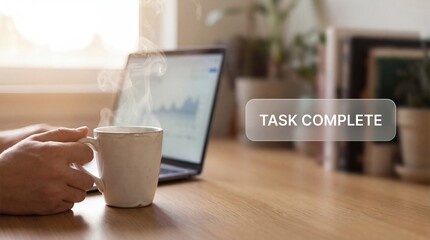 Adult hands holding steaming coffee mug near laptop with graph, signifying task completion and success in a home office setting