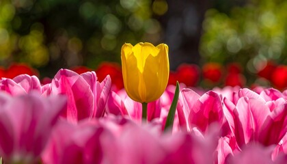 Yellow Tulip Standing Out Among Pink Tulips.