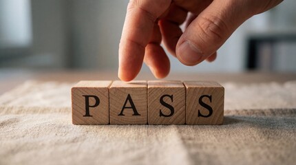 Adult hand placing wooden block to spell PASS, symbolizing success, achievement, and completion in a business or educational context