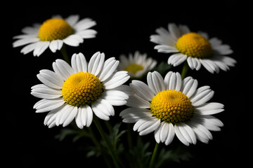 Obraz premium Daisy Flowers Isolated on Black Background. White Petals with Yellow Center.