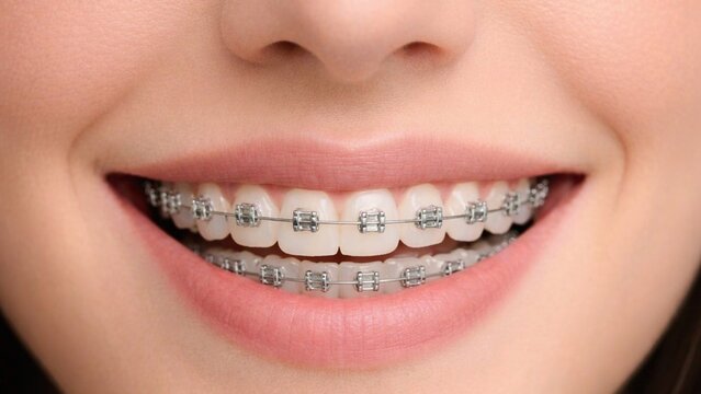 Close-up of a smiling mouth with metal braces, showing straight white teeth and natural lips, representing orthodontic treatment and dental care.