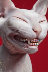 Cat with shiny dental grill smiles in front of red background during creative portrait session indoors