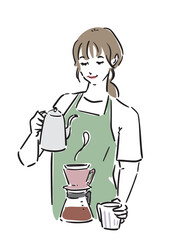 ハンドドリップでコーヒーを淹れるまとめ髪の女性の線画イラスト