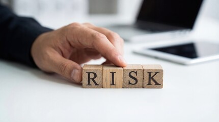 Businessmans hand arranging wooden blocks spelling RISK on a desk with laptop and tablet, concept of business strategy and decisionmaking