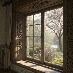 window in the old house,Serene View: A Window to a Blossoming Garden