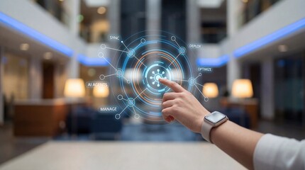 Adult hand interacting with futuristic AI interface, managing data and optimizing systems in a modern office lobby Concept of technology, innovation, and business