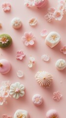 Colorful sweets and flowers arranged on a pink surface for a celebration or event in spring season