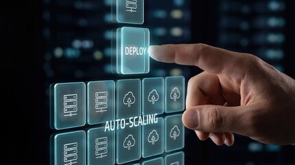 Adult mans hand pressing a glowing DEPLOY button on a digital interface with autoscaling and server icons, representing technology and IT operations