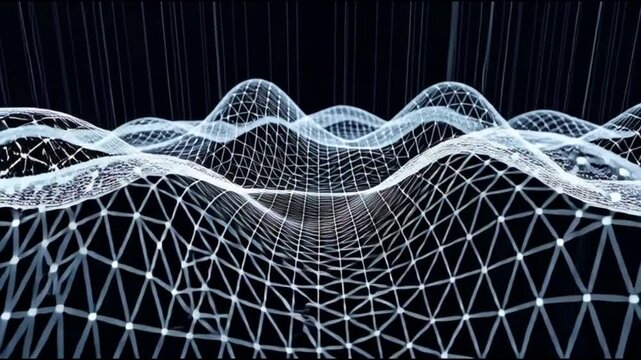A futuristic digital landscape with a complex network of interconnected nodes and lines, forming a dynamic wave-like pattern in a dark environment from a top-down viewpoint.