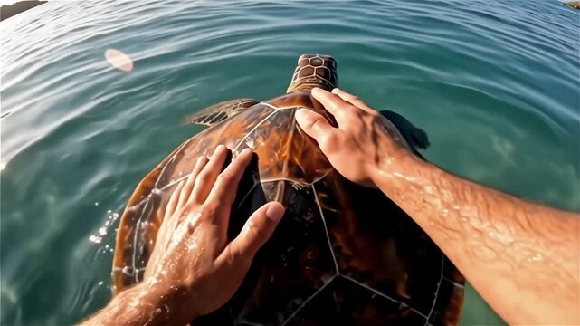 A pair of hands gently touching the shell of a sea turtle while in clear blue water, capturing a serene moment in nature