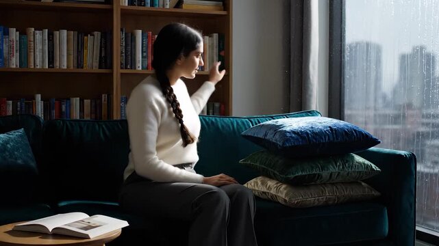 Woman arranging pillow stack on sofa. Woman holds book near bookshelf and window. Cozy lifestyle interior with braid detail. Soft rainy city view outside window. Calm home living. Natural soft light.