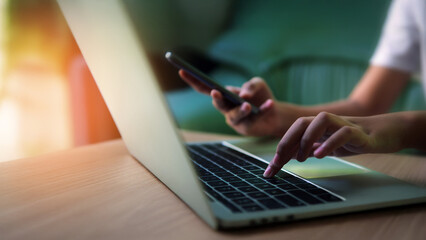 Using laptops and smartphones, shopping online, online transactions, copyspace, online banners.