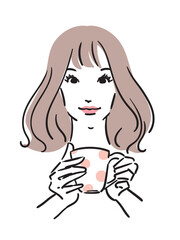 マグカップを手に持つセミロングヘアの女性の線画イラスト