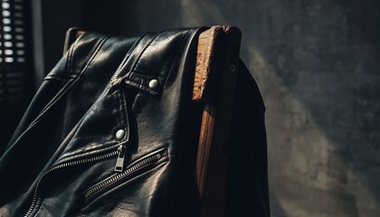 Stylish black leather jacket draped over a wooden chair in a moody room, concept for fashion, rebellion and style