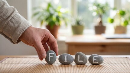 Adult mans hand arranging stones with letters spelling FILE on a bamboo mat, symbolizing organization and data management